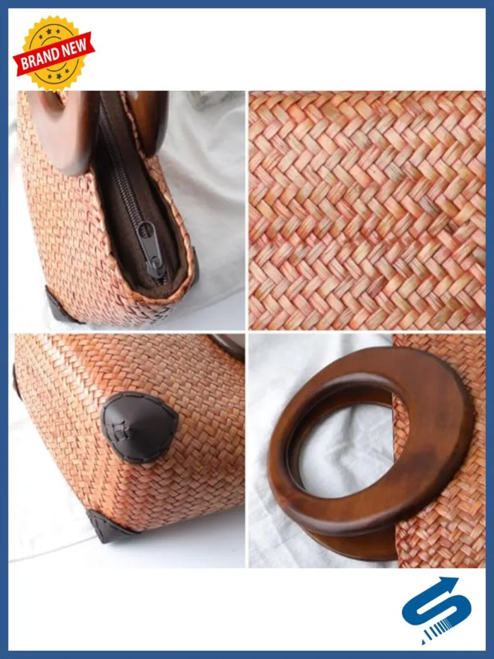 Handwoven Rattan Straw Tote Bag with Wood Handle Summer Beach Travel Bag